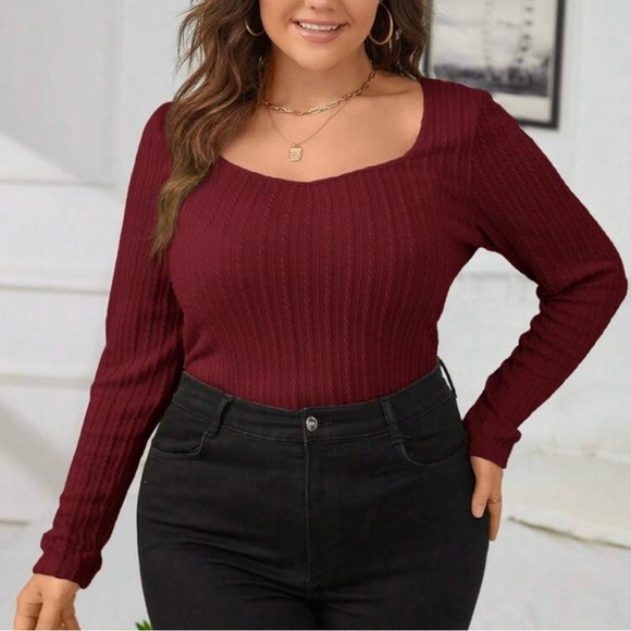 SHEIN Burgundy Ribbed Long‎ Sleeve Top 1XL - Picture 1 of 2